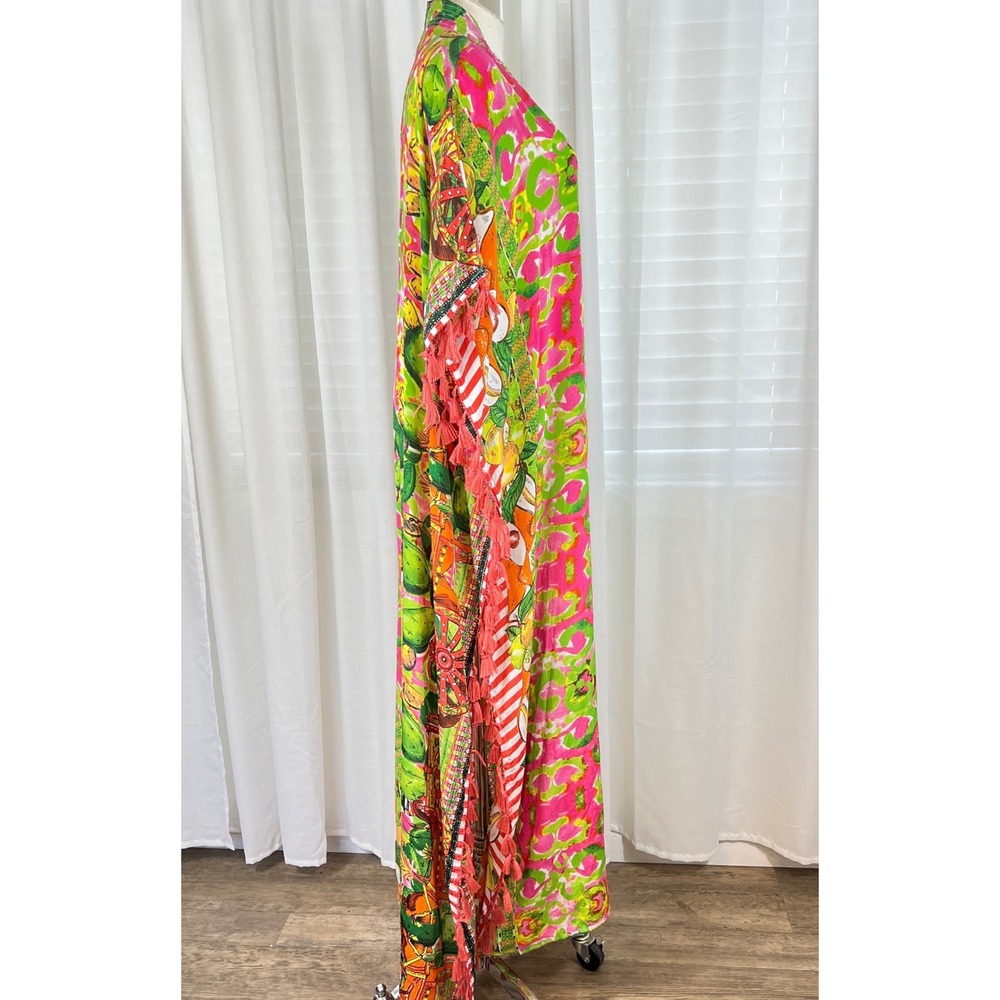 Antica Sartoria Beaded Tassel Kaftan Dress Pink Green OS Vacation Resort NEW - Picture 6 of 16